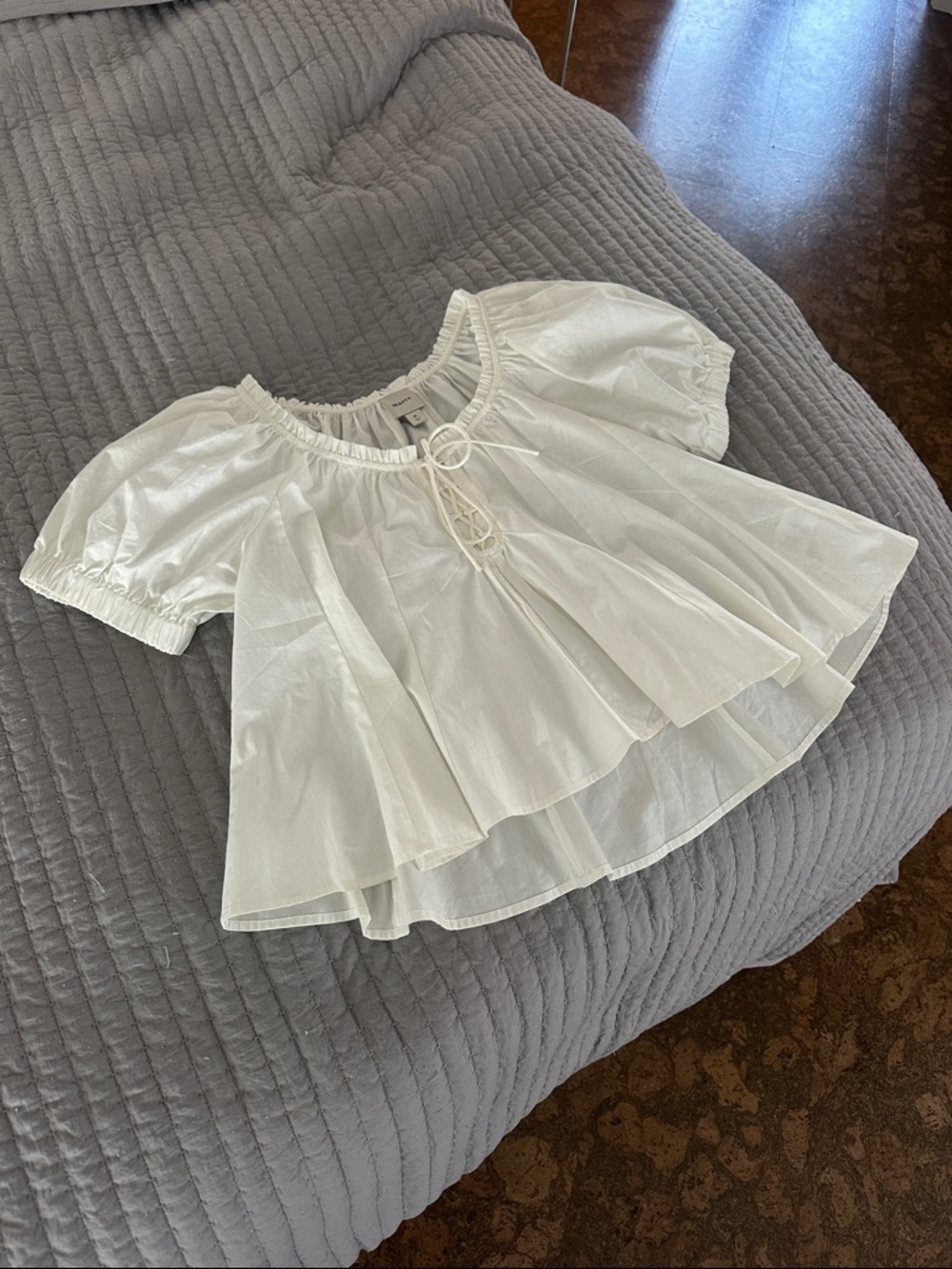 Anthropologie Maeve Cream Peasant Blouse Top with Tie Neck